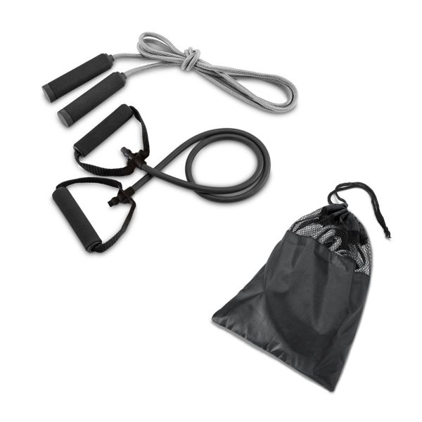Kit fitness composto por elástico e corda de pular. Fornecido com bolsa em 190T. Bolsa: 210 x 270 mm